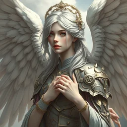 an infinitely detailed portrait of a frail and pale female peace angel elegantly. fully - clothed full - body, beautiful! scenery art!! coherent! by wlop & murata, victorian color palette, artstation / pixiv!! highly elegantly armored angel portrait full - body, dreamy art