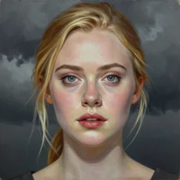 professional painting of Elle Fanning in the style of Andrew Ferez, head and shoulders portrait, symmetrical facial features, smooth, sharp focus, illustration, intricate, stormy weather, extremely detailed masterpiece,