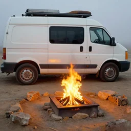 concept art for a van with a built - in fire pit, painted by syd mead, high quality