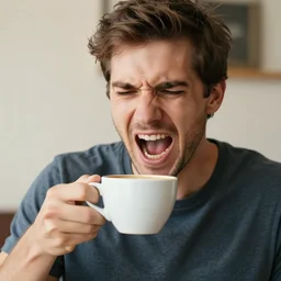 man holding hot cup of coffee. scream.
