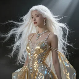 lady, long white hair blowing in the wind, iridescent and gold dress, crystal jewelry, elegant, highly detailed, digital matte painting, glowing particles, misty, dark background, cinematic lighting, god rays, smooth, sharp focus, art by artgerm, greg rutkowski, alphonse mucha, frank frazetta, boris vallejo, bouguereau.