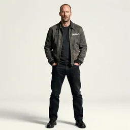 jason statham in full height, hands in pockets, standing on a white background in a jacket with an important face, the inscription i'm no. 1, realism, detailed study, maximum detail, quality, high quality, soft light, depth of field, focus, realism, 8 k quality, classicism style,