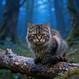 a soggy cat on a log in a magical blue forest