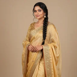 a beautiful portrait of an indian women in flowing robes. gold broderie, long black, braided hair.