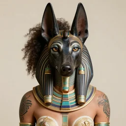 portrait photography of female anubis jackal with human face, goddess oni african face, detailed face, clear eyes, clear mouth, demihuman, egyptian tatoos, egyptian body painting, ra anubis, looking towards the camera. afro style. high details, humanoid demigod.