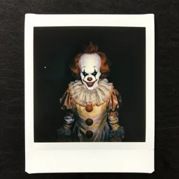 an eerie polaroid photograph of a scary evil horrifying clown in the backrooms, nighttime, dimly lit, creepy hd 4k