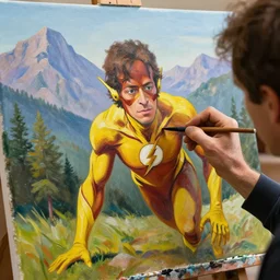 a closeup photorealistic photograph of bob ross working on a canvas painting of the flash. film still. brightly lit scene. mountains and trees. this 4 k hd image is trending on artstation, featured on behance, well - rendered, extra crisp, features intricate detail, epic composition and the style of unreal engine.