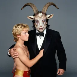 actor Danny Devito in Elaborate Pan Satyr Goat Man Makeup and prosthetics designed by Rick Baker with young blonde Steve Reeves as Hercules, Hyperreal,  Photographed in the Style of Annie Leibovitz, Studio Lighting
