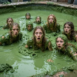 people looking scared at a pool full of green mud , artwork by Sergey Kolesov, detailed, dynamic, cinematic composition