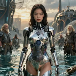 detailed ultrarealistic photography front medium shot of japanese girl, starwars, warrior, fantasy, waterworld, postapocalyptic, cyberpunk cyborg swimsuit, leyendecker, norman rockwell, greg rutkowski, artstation cinematic, vray game of thrones, lord of the rings