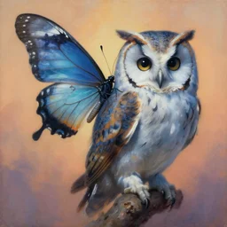 painting of hybrid between butterfly & owl, intercrossed animal, by zdzislaw beksinski, cold hue's, warm tone gradient background, concept art, beautiful composition, digital painting