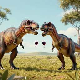 two t - rex dinosaurs drinking wine