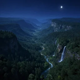 beautiful fantasy landscape, distant forest, mountains with waterfalls, river, deep dark blue night, stars, moon, by james gurney, by noah bradley, by frederic edwin church, aerial perspective, concept art, matte painting, intricate, hyper detailed, volumetric atmosphere, sharp focus, octane render, trending on artstation, 8 k