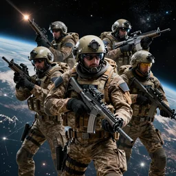epic portrait of a special operations team fighting in space, extremely detailed, in the style of Jim Burns by Robert McCall, 4k, 8k, HD, trending on artstation