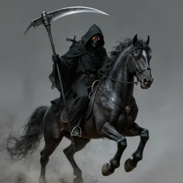 the grim reaper riding a black warhorse, holding a wicked scythe, black robe, fiery eyes, fantasy horror art, matte painting, realistic, super - resolution