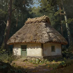 a painting of a close up of a single cottage with a thached roof in the woods and empty woods, 8k, fantasy, hyper realistic, dramatic lighting, cinematic