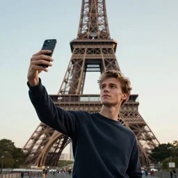 a young, russian man taking a selfie on top of the eiffel tower. - cinematic lighting, 8 k, professional photography