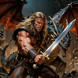 closeup Photo of Conan the Barbarian fighting a dragon with a sword in a dungeon, rim lighting, octane, Frank frazetta, Edgar Rice Burroughs,