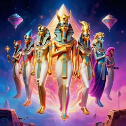 mythical egyptian gods, hovering space pyramids, highly detailed, bright neon colors, synthwave, cinematic, michael whelan, jim burns, bruce pennington, vladimir kush, chris foss, alfred kelsner, kubrick, bob eggleton, boris vallejo, lisa frank
