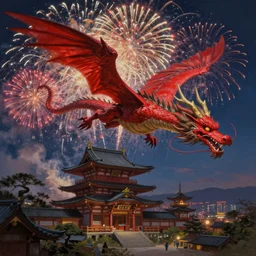Stunning Portrait of A Red dragon flying above a Feudal Japan temple during a fire works festival at night by Kim Jung Gi, Blizzard Concept Art Studio Ghibli. oil paint. 4k. by brom, Intense fireworks by Ross Tran, Greg Rutkowski, Mark Arian, soft render, octane, highly detailed painting, artstation