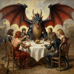 dragons sitting around a table playing dnd, painting by cassius marcellus coolidge