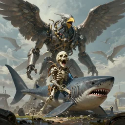 death is swallowed up in victory, very detailed and beautiful portrait, screaming with fear, giant mechanical shark, giant mechanical bird, artwork by artgerm, centered shot, wide angle, full body, islandpunk, solarpunk, fantasy, highly detailed, digital painting, artstation, smooth, sharp focus, art by thomas kinkade and h. r. giger and yusei uesugi