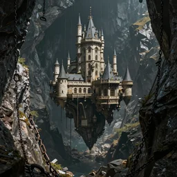 immense floating one castle in the middle of high mountains hanging by chains inside a gorge below only darkness, hight contrast, void, 8 k resolution, ue 5, hyper - detailed, perspective, 3 points, view, 2 4 mm lens, by simon bisley, beeple, justin gerard