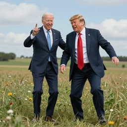 A highly detailed photorealistic full portrait of Joe Biden and Donald Trump frolicking in the field by Simon Stalenhag and Thomas Kinkaid, Octane render, trending on cgsociety, HDR, 8K I cant believe how accurate this is