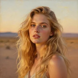 portrait of rhea seehorn, blonde flowing hair, dreamlike expression, new mexico desert background painted by pierre auguste cot, frederick sandys, frederic leighton, very romantic, beautiful textures, golden hour lighting