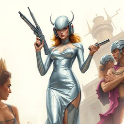 6 0 es sci - fi silver dress and alien blaster. highly detailed, digital painting, watercolor, soviet realism, engraving, artstation, concept art, smooth, sharp focus, vivid grunge, manga, illustration, unreal engine 5, 8 k, art by bilibin and kilian eng and kuvshinov and malevich and mucha