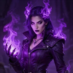 portrait of a mix between necromancer and pyromancer, female, fire and death, purple fire, leather coat, high fantasy, dnd, face details, extremely detailed, smooth, sharp focus, digital illustration, by artgem, rossdraws, sakimichan