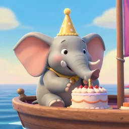 a gay elephant having a birthday on a boat, pixar