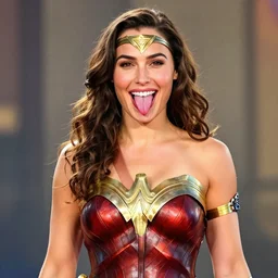 cu portrait photo of a smiling gal gadot playfully sticking out her tongue while dressed as wonder woman, photorealistic, trending on artstation