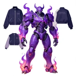 Character design  with body made of Purple Lava and fire, mecha humanoid with cyberpunk bomber jacket,  fashion & Costume design by damascuss apparel, a flat texture by Heri Irawan, d&d art, fantasy, painted, 4k, high detail, sharp focus, artstation
