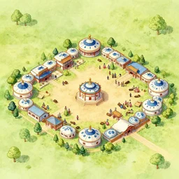 isometric aerial view of a traditional mongol village, very detailed, whimsical, watercolor illustration.