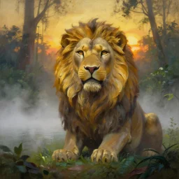backlight on giant lion head statue covered with fog in lake in jungle with  backlight , sunset  oil painting panorama by  frazetta