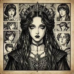 'A vintage photo, victoriana, bw, creepy, atmospheric 'The golden face of sadness' description 'Hermetic Order of the occult princess' portrait, character design, worn, dark, manga style, extremely high detail, photo realistic, pen and ink, intricate line drawings, by MC Escher,  Junji Ito, Yoshitaka Amano, Ruan Jia, Kentaro Miura,