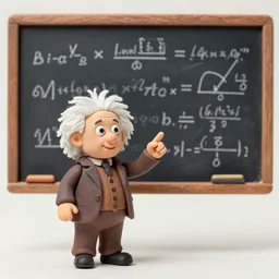 claymation miniature scene of albert einstein finger pointing standing in front of miniature blackboard with lots of mathematical formulas chalked on