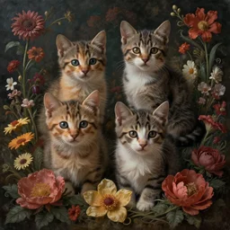 kittens in flowers, intricate complexity, by greg rutkowski, artgerm, ross tran, conrad roset, takato yomamoto, ilya kuvshinov. 4 k, beautiful, cinematic dramatic atmosphere