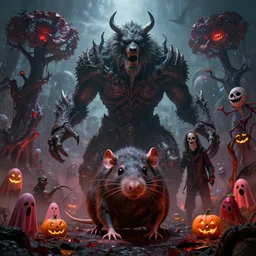 by par olofsson and wayne barlowe visually stunning, cinematic, ultra realistic, hyper realism, 1 2 k, epic, octane render, unreal engine, vfx, maya, life tap, doomguard, giant rat, imp master, timber wolf, bloodbloom, the halloween tree, sad jack - o - lanterns, strawberry ghosts, nightmarish creatures, apocalyptic hellscapes