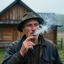a cinematic headshot portrait of a farmer, smoking outside a wooden cabin, raining, shallow depth of field, dramatic lighting, by krenz cushart