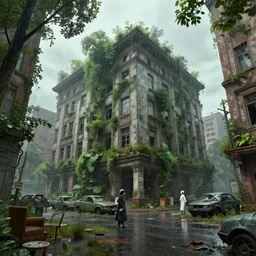 the exterior of an abandoned a city 🏬🏢🏦 with trees growing everywhere with furniture and everything in deterioration, in the rain and with wrecked cars outside and weeds growing 🌿 on the walls, walking servants, style artstation, style greg rutkowsk, comic art book,, octane render, unreal engine 6, epic game graphics, fantasy, ciberpunk, post - apo