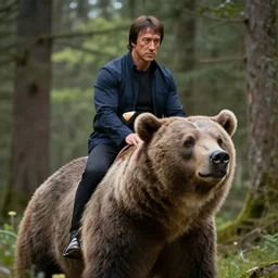 portrait photo of chuck norris riding his fluffy grizzly bear, in the forest. fantasy magic style. highly detailed 8 k. intricate. lifelike. soft light. sony a 7 r iv 5 5 mm. award winning photography.