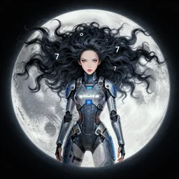 a drawing of a cartoon giant moon, with 1 9 7 6 woman with massive, floating hair, sci - fi clothes, fine facial features, beeple and james jean, aya takano color style, 8 k, super detailed, modern, 4 k, symmetrical