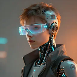 a beautiful!! photo of a bionic!! teenager!!, cyberpunk, augmented vision, volumetric light, photography, dystopian, extremely detailed, photorealistic!, stunning, digital art trending on artstation, orange, cyan, washed out colors
