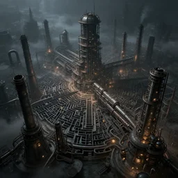 futuristic dystopian endless, intricate, complex, labyrinthine, byzantine, tangled, industrial megafactory complex, smokestacks, pipelines and ducts and vents, science fiction landscape painting, steampunk, mist, night, gloomy, dark, dramatic, cinematic, volumetric lighting, gods eye view