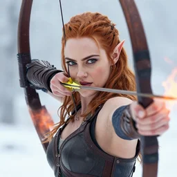 close-up face portrait of Emma Stone as a muscled warrior elf shooting a flaming arrow with her huntsmen bow, snowy winter scene, Donato Giancola, Mark Brooks, Ralph Horsley, Charlie Bowater, Artgerm, Christopher Balaskas, Bastien Lecouffe-Deharme, Boris Vallejo