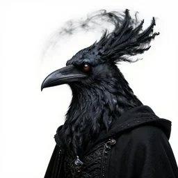 warlock with the head of a raven, wind magic, exquisite details, black beard, white background, by studio muti