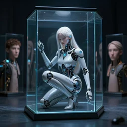 cybernetic princess trapped in a glass box in a dark room, 3 d, style of moebius, james jean, mcbess, cinematic, highly detailed, award winning, 8 k photorealistic