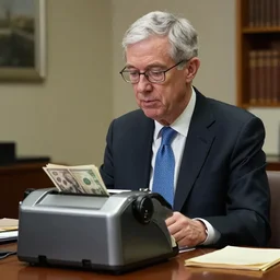 jerome powell with a money printer by alex ross